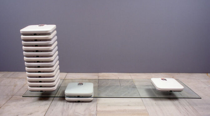 Sophia Kosmaoglou Personal scales (still-life), 1994. Bathroom scales, glass, 90 x 190 x 45 cm