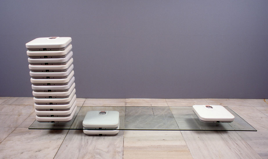 Sophia Kosmaoglou Personal scales (still-life), 1994. Bathroom scales, glass, 90 x 190 x 45 cm