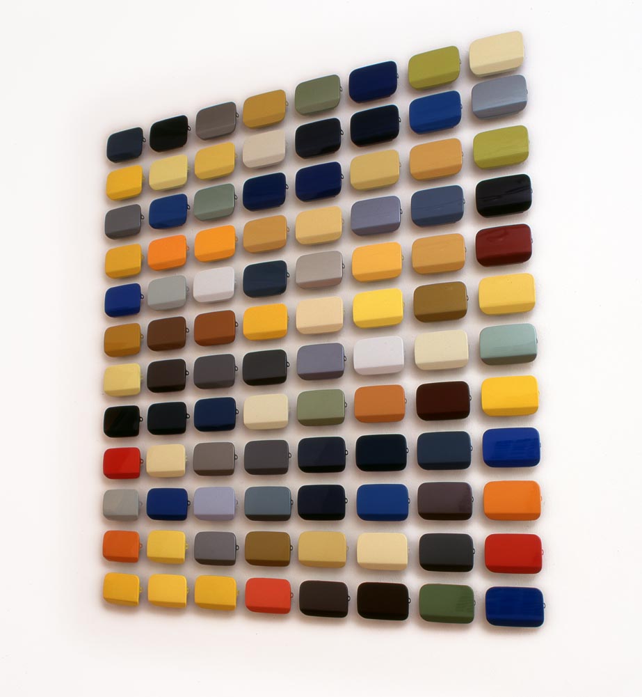 Sophia Kosmaoglou Lovesong, 1996. Fuel tank lids, automotive enamels, colour code, dimensions variable (Laura 174.1 x 154 cm)