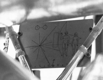 Carl Sagan & Frank Drake [1972] Pioneer plaque. Two gold-anodized aluminium plaques placed aboard Pioneer 10 & Pioneer 11.