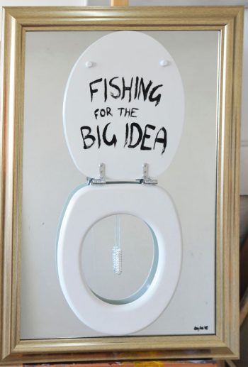 Dasha Loyko [2015] Fishing. Wooden toilet seat, Swarovski-encrusted tampon, oil paint on framed mirror, 73 x 105 cm.