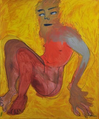 Dasha Loyko [2016] Nude (Grey on Yellow). Oil on canvas, 100 x 110 cm.