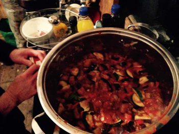 Richard Lloyd-Jones cooking ratatouille and pasta at the Field Kitchen, 20 Jan 2016. Photo by Maria Christoforatou.
