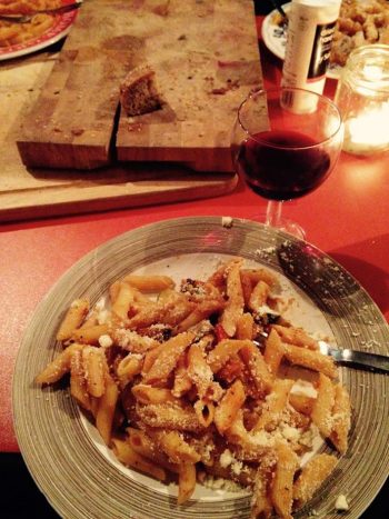 Ratatouille and pasta with wine at the Field Kitchen, 20 Jan 2016. Photo by Maria Christoforatou.
