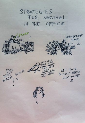 Johanna Kwiat [2016] Strategies for Surviving In The Office. Ink pen drawing on half of A4 copy paper.
