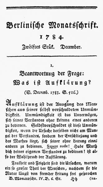 First page of An Answer to the Question: What is Enlightenment by Immanuel Kant, Berlinische Monatsschrift. Dec 1784, pp. 481-494.