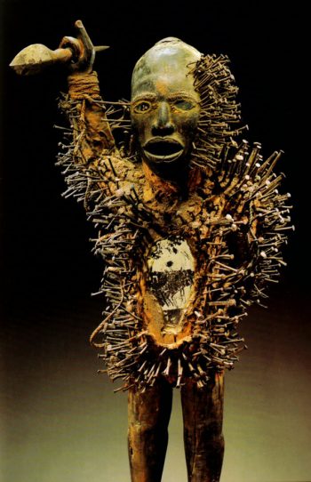 Nkonde. Yombe people, Lower Zaire. Wood, nails, wooden spear and fabric. Height 97cm. Musee Barbier-Mueller, Geneva.