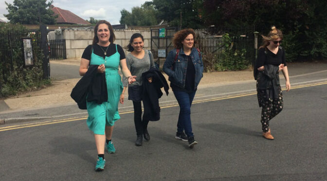 Emma, Cristina, Maria and Michaela leaving the Old Waterworks, Southend-on-Sea.