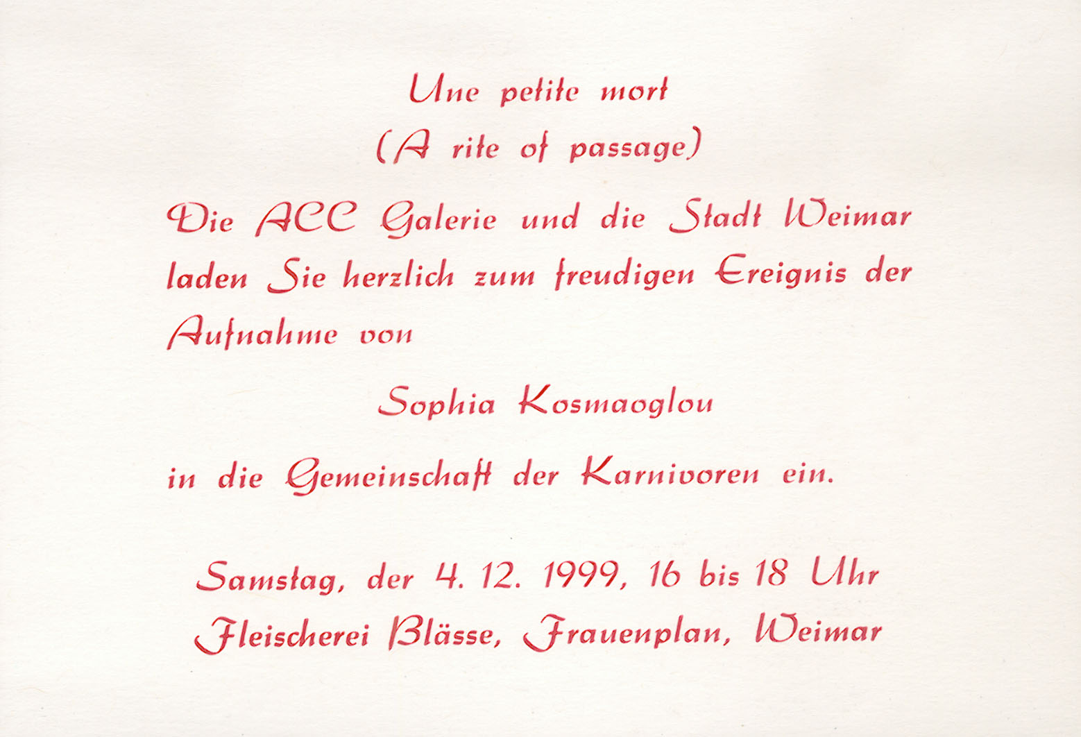 Sophia Kosmaoglou Une Petite Mort (A rite of passage), 1999. Performance and multi-channel sound installation, Fleisherei Blasse, Weimar. Video, mini DV/VHS, duration 11 min