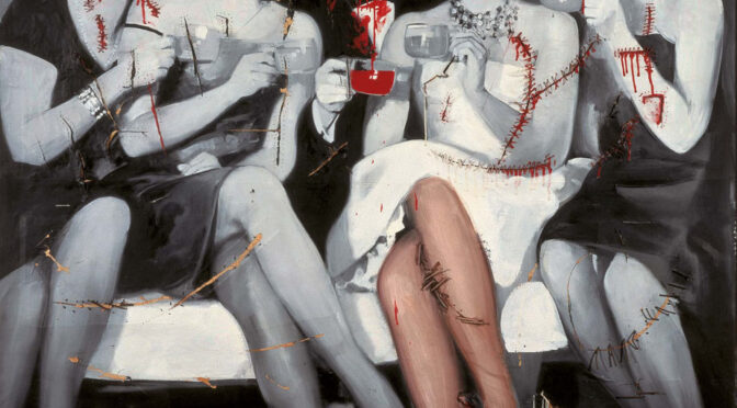 Gerhard Richter [1963] Party. Oil, nails, cord on canvas and newspaper, 150 x 182cm.