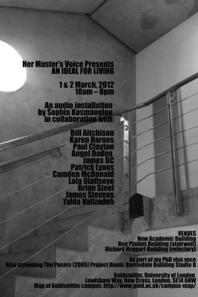 Her Master’s Voice Presents: AN IDEAL FOR LIVING, 2012. Three site-specific multi-channel sound installations, speakers, mp3 players, amplifiers, speaker cable, dimensions variable