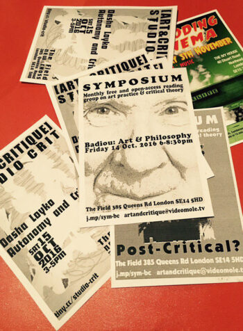 Art&Critique flyers. Bookclub#11 Badiou 2016-10-14. Photo by Stephen Bennett.