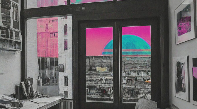 art+critique featured image, a black and white studio in the foreground with large windows, outside is an urban landscape with a pink and blue sky, the pink of the sky is reflected in the the studio