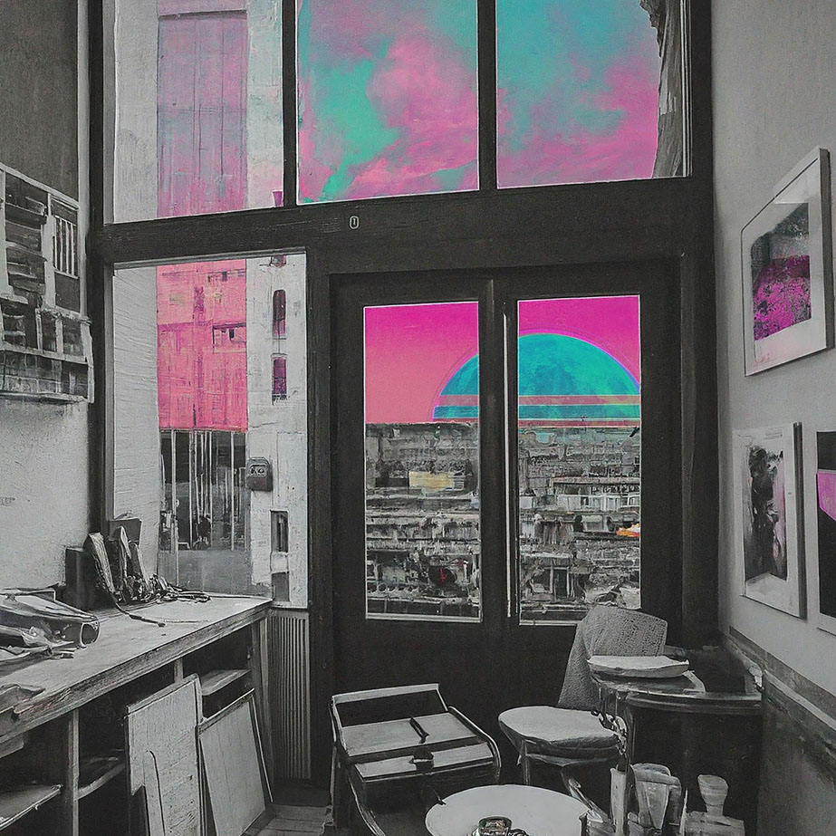 art+critique featured image, a black and white studio in the foreground with large windows, outside is an urban landscape with a pink and blue sky, the pink of the sky is reflected in the the studio