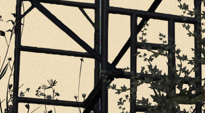 Close-up of a black scaffold on a creamy background with dark silhouette's of wildflowers and vines.