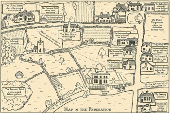 A digital collage with a found image of an old-fashioned, hand-drawn pastoral map. The cream-and-black landscape has been overlaid with labels that reimagine the village as Map of the Federation, a network of cooperative educational and cultural structures. Winding paths connect sites including The First School, The Common Field, The Peer House, The Governance Forge, The Resource Shop, The Federation Assembly, and The Learning Commons, alongside references to precarity, unpaid labour, informal networks, funding, communications, and routes to other schools and the art world.